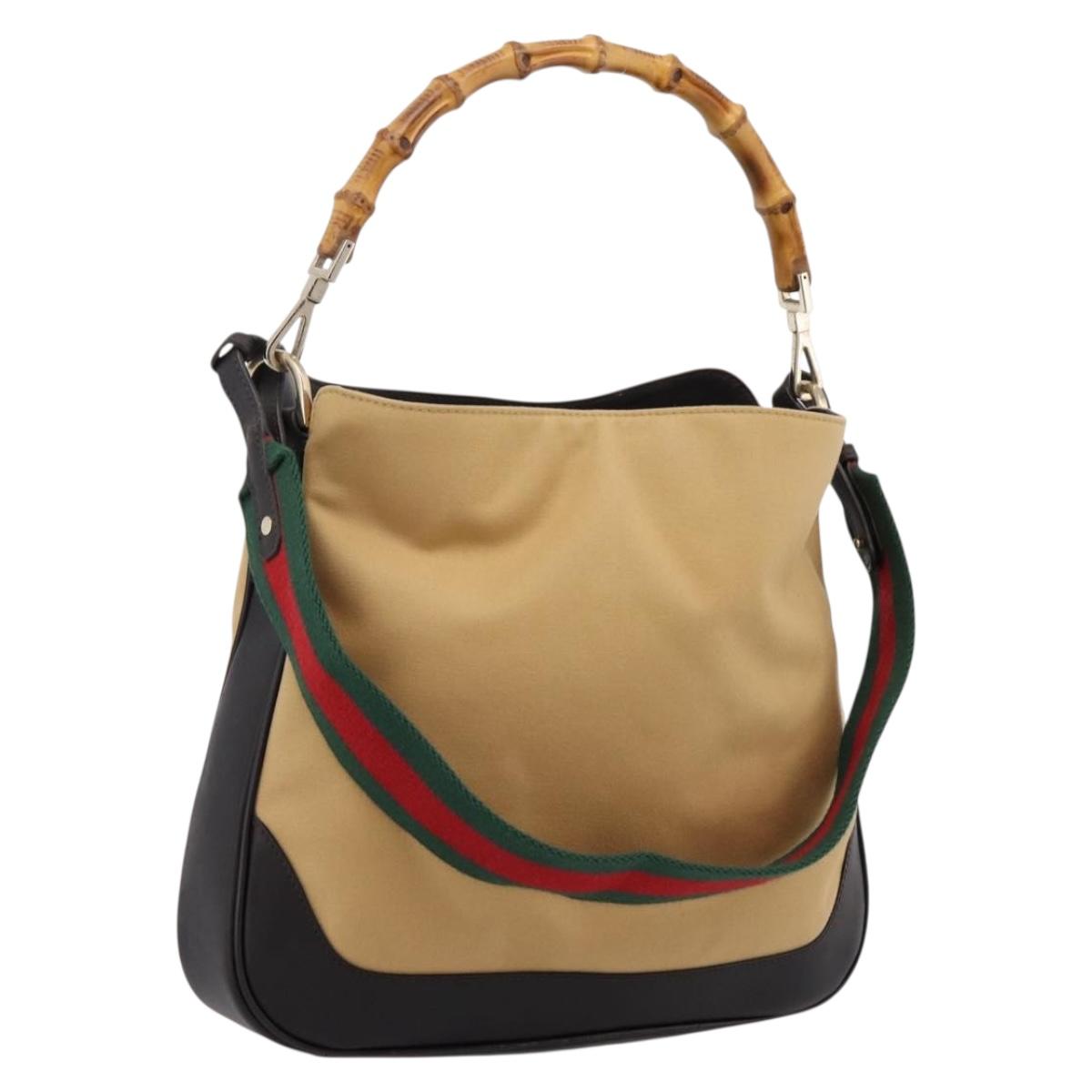 GUCCI Bamboo Web Sherry Line Shoulder Bag Canvas 2way Beige 001 4095 Auth LN044