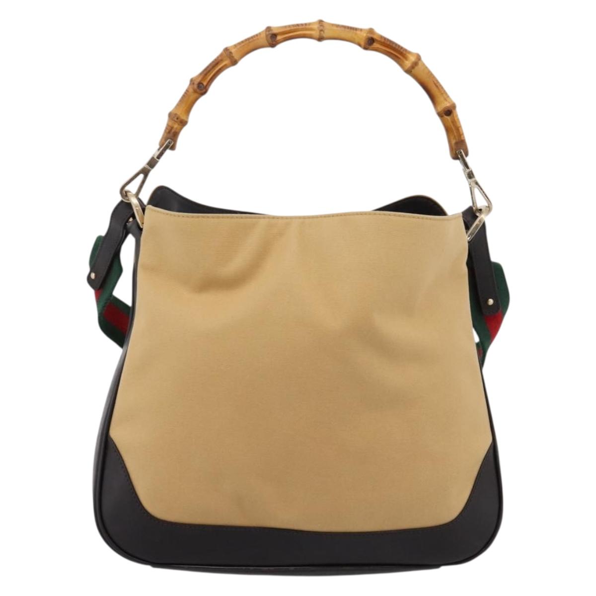 GUCCI Bamboo Web Sherry Line Shoulder Bag Canvas 2way Beige 001 4095 Auth LN044