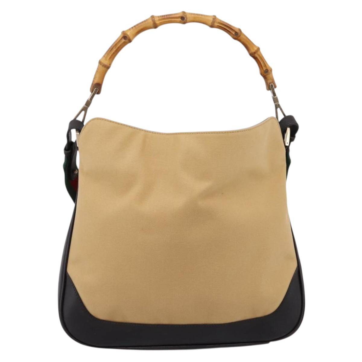 GUCCI Bamboo Web Sherry Line Shoulder Bag Canvas 2way Beige 001 4095 Auth LN044