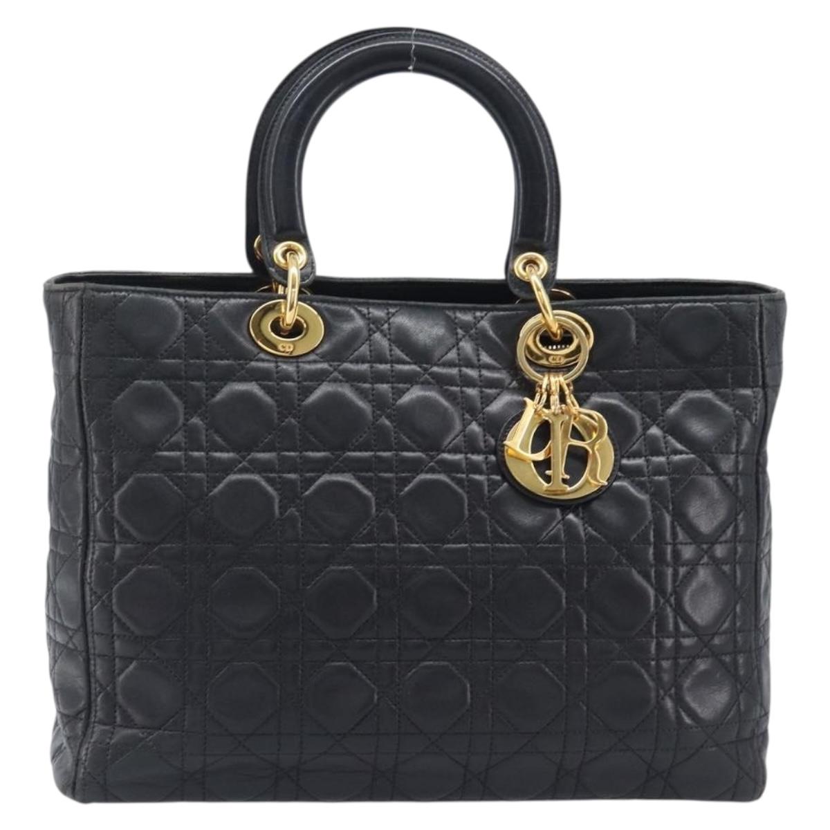 Christian Dior Canage Lady Dior Hand Bag Lamb Skin Black Gold Tone Auth LN049A
