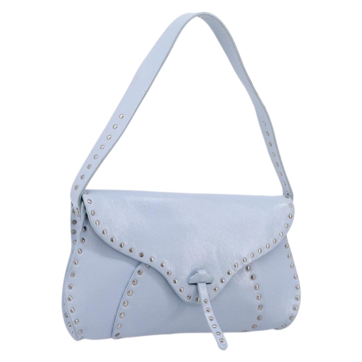 CELINE Shoulder Bag Leather Light Blue Silver Auth LN059A