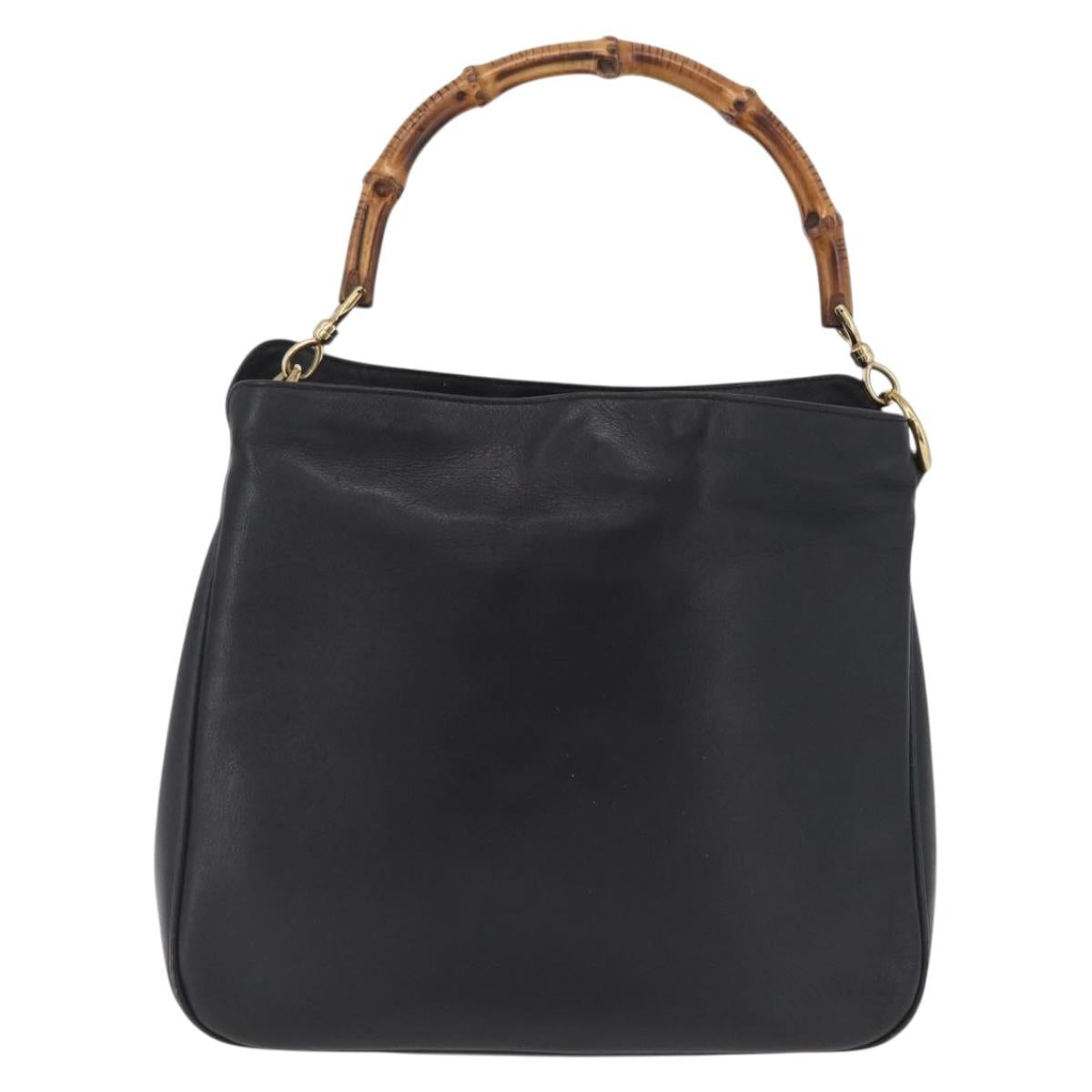 GUCCI Bamboo Shoulder Bag Leather Black Gold Tone 001 1998 1638 Auth LN065