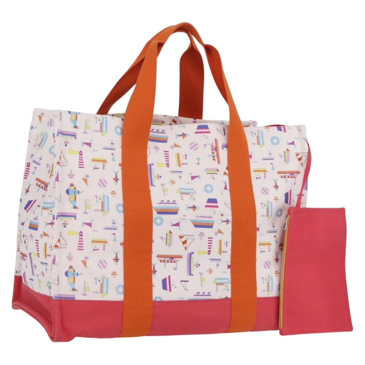 HERMES Petit Chartier Tote Bag Canvas Orange White Auth LN078V