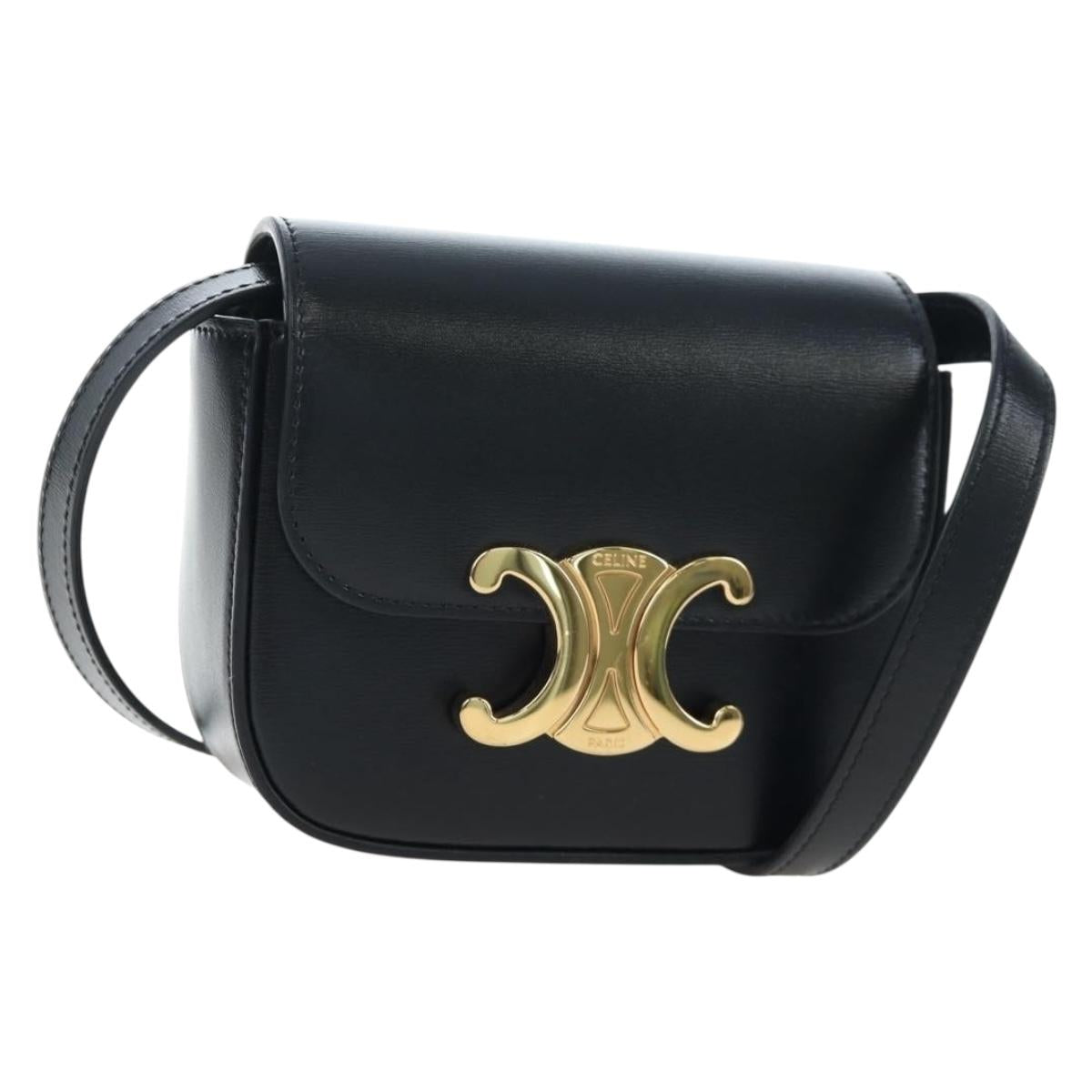 CELINE Triomphe Shoulder Pouch Leather Black Gold Auth LN079M