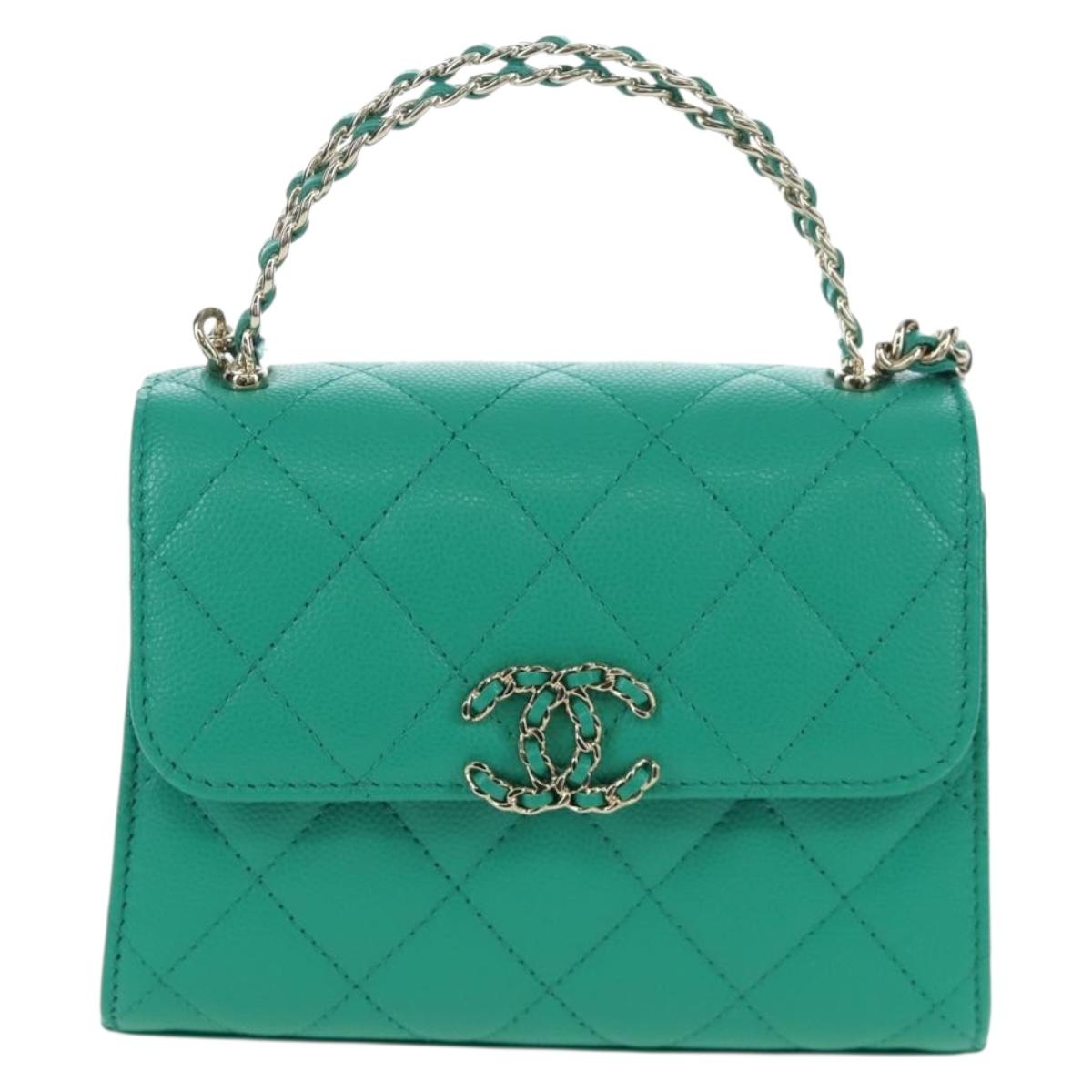 CHANEL Matelasse Chain Shoulder Bag Caviar Skin 2way Green Gold CC Auth LN084SAM