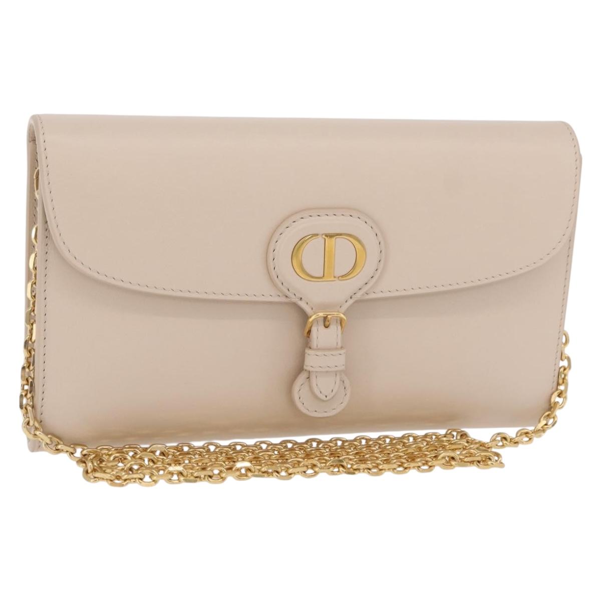 Christian Dior Dior Bobby Chain Shoulder Wallet Leather Beige Gold Auth LN085M