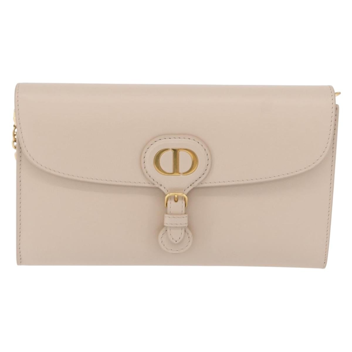 Christian Dior Dior Bobby Chain Shoulder Wallet Leather Beige Gold Auth LN085M