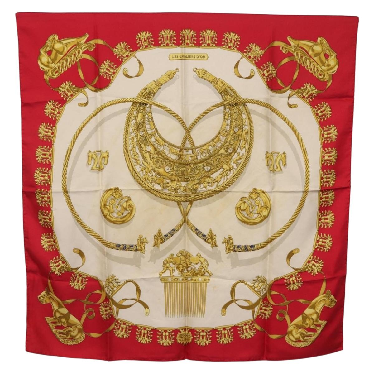 HERMES Carre 90 Scarf Silk Red Beige ""LES CAVALIERS D'OR"" Auth LN117