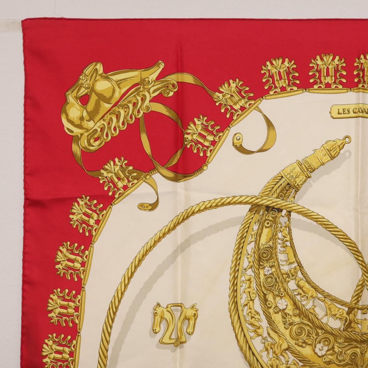 HERMES Carre 90 Scarf Silk Red Beige ""LES CAVALIERS D'OR"" Auth LN117