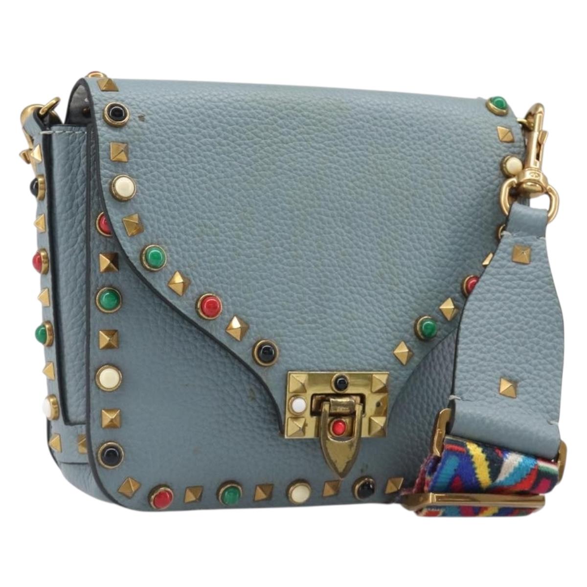 VALENTINO Studs Shoulder Bag Leather Light Blue Gold Auth LN123
