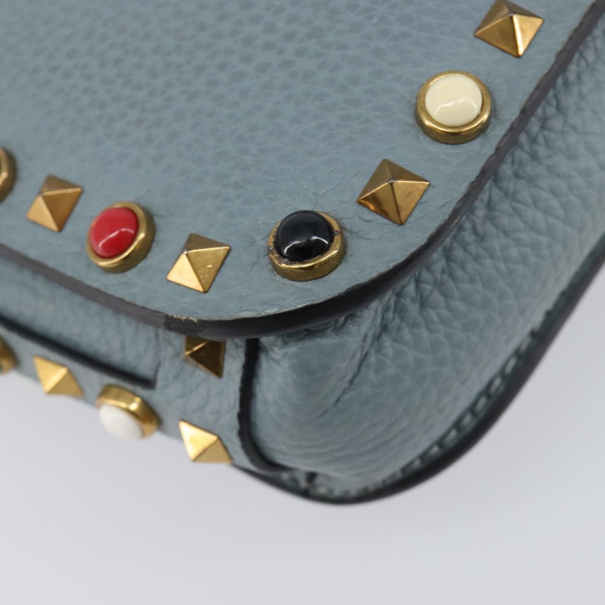 VALENTINO Studs Shoulder Bag Leather Light Blue Gold Auth LN123