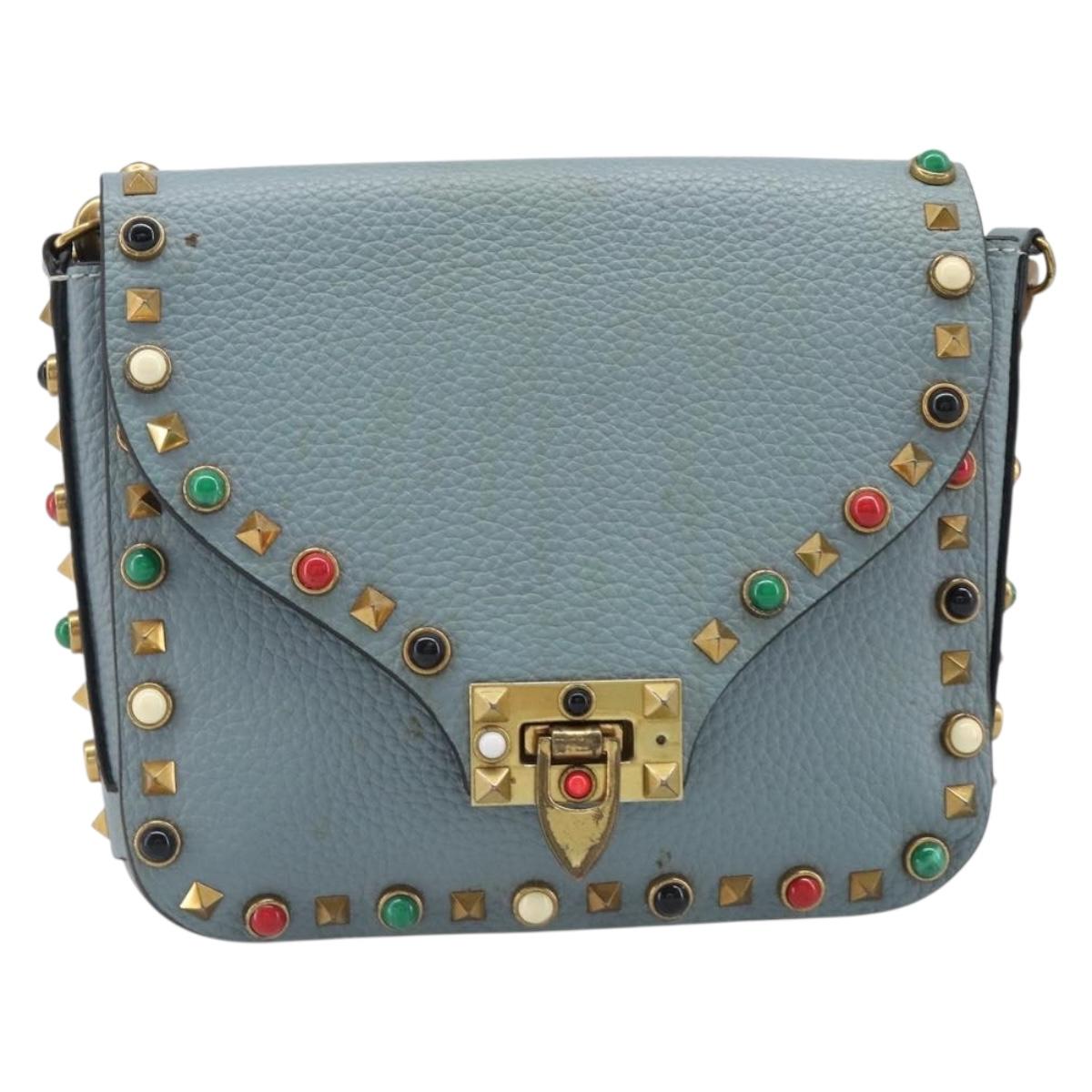 VALENTINO Studs Shoulder Bag Leather Light Blue Gold Auth LN123