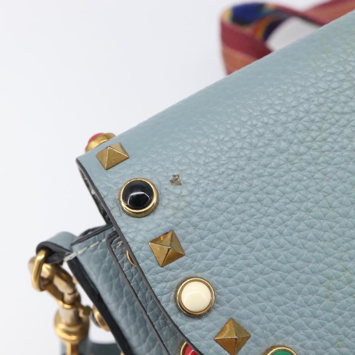 VALENTINO Studs Shoulder Bag Leather Light Blue Gold Auth LN123