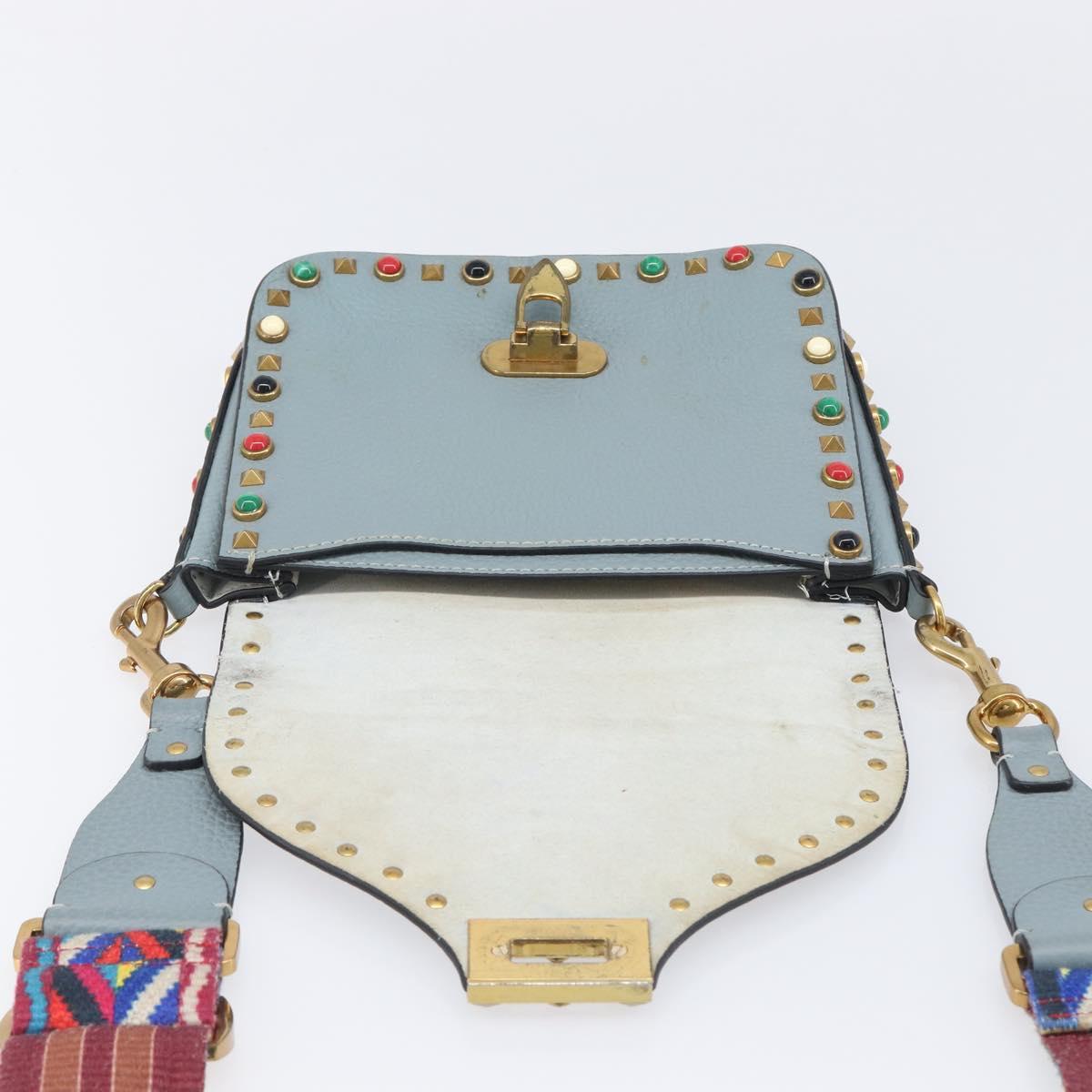 VALENTINO Studs Shoulder Bag Leather Light Blue Gold Auth LN123