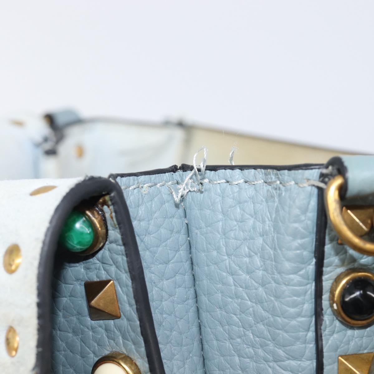 VALENTINO Studs Shoulder Bag Leather Light Blue Gold Auth LN123