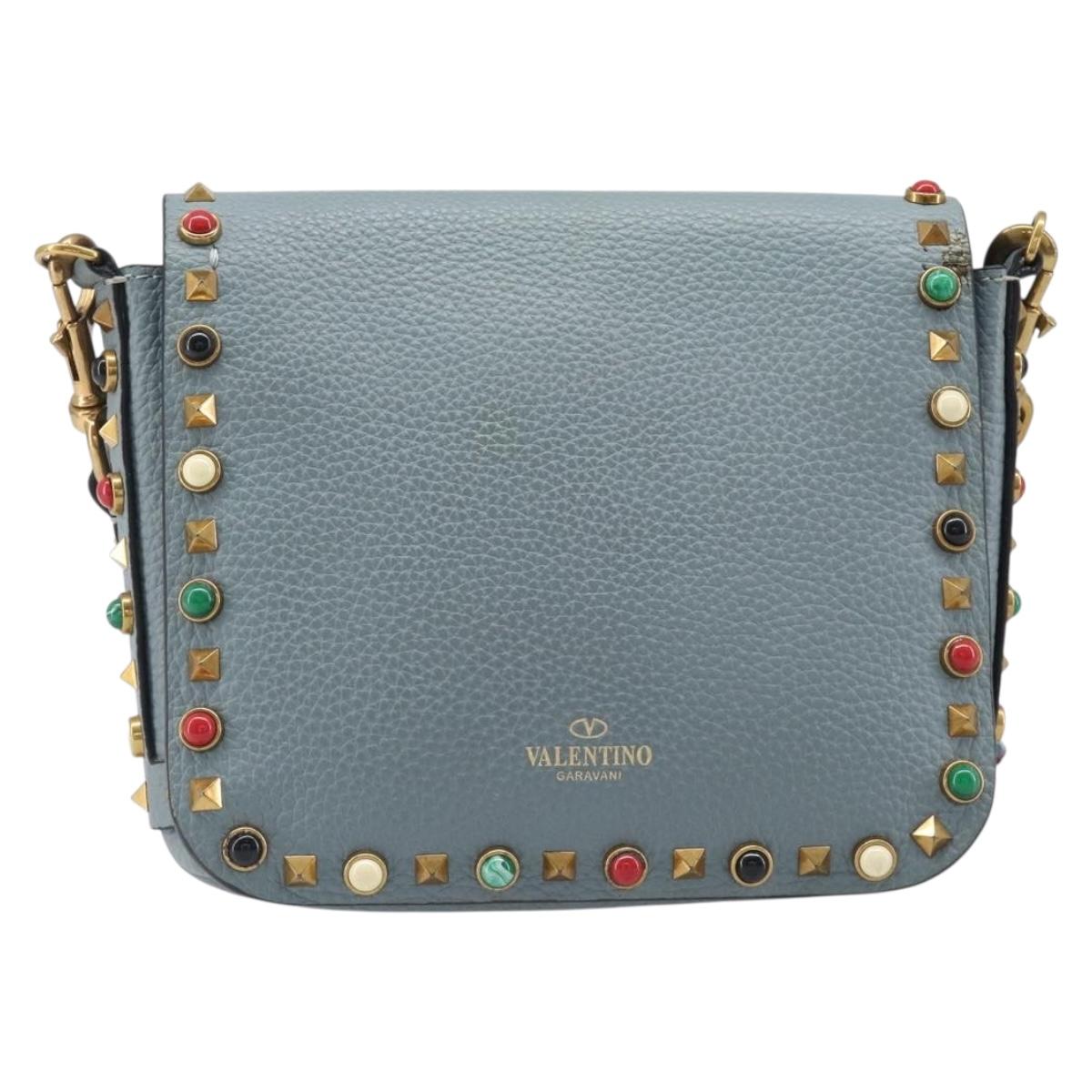 VALENTINO Studs Shoulder Bag Leather Light Blue Gold Auth LN123