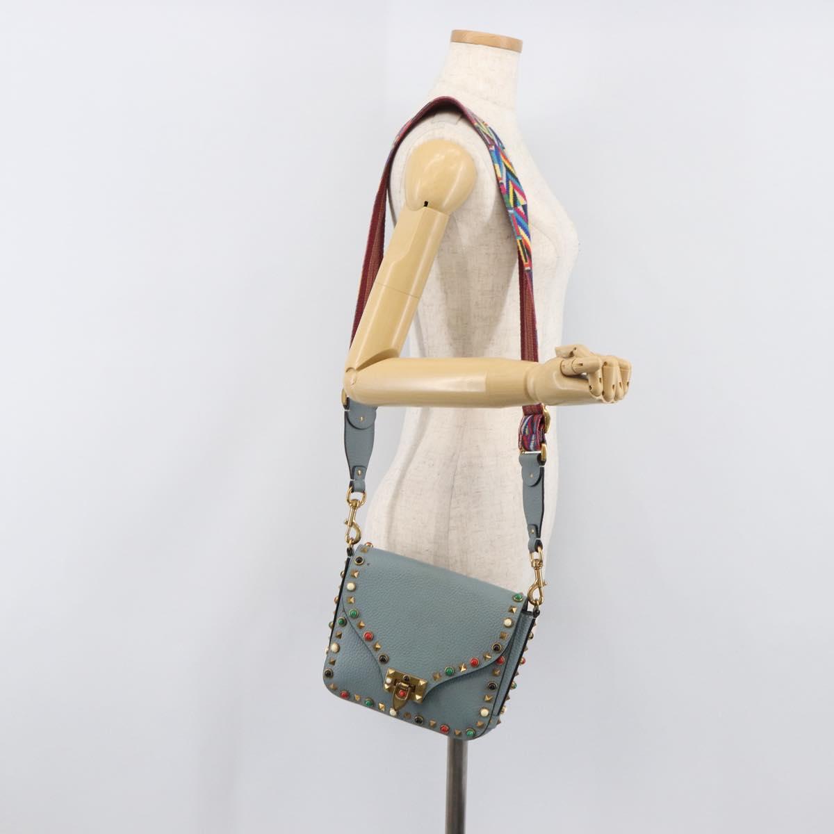 VALENTINO Studs Shoulder Bag Leather Light Blue Gold Auth LN123