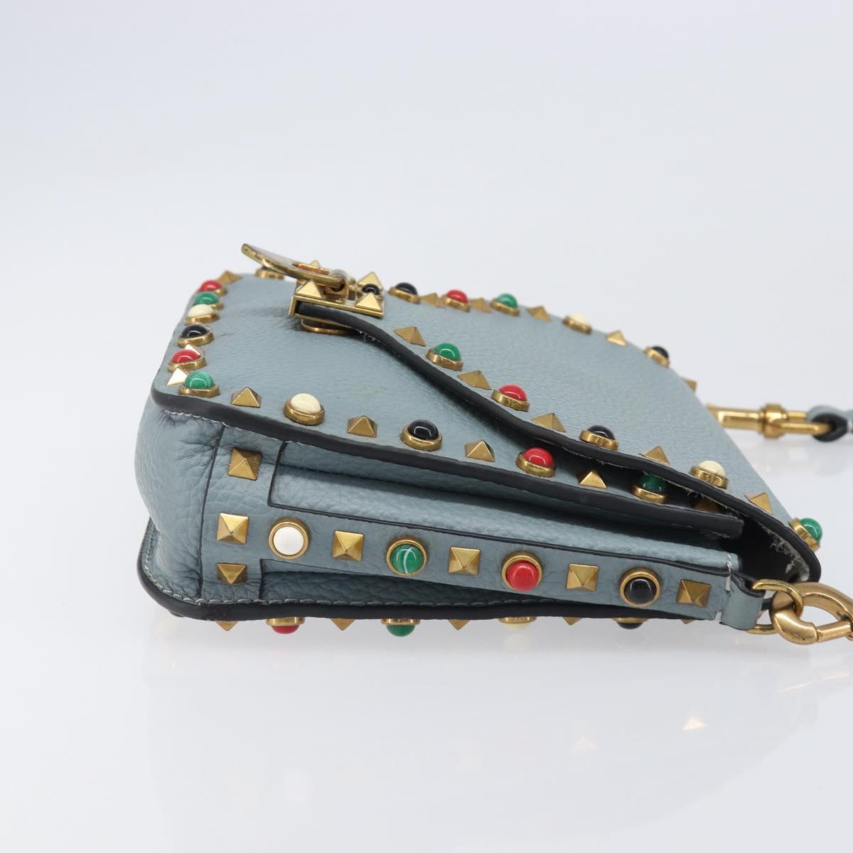VALENTINO Studs Shoulder Bag Leather Light Blue Gold Auth LN123