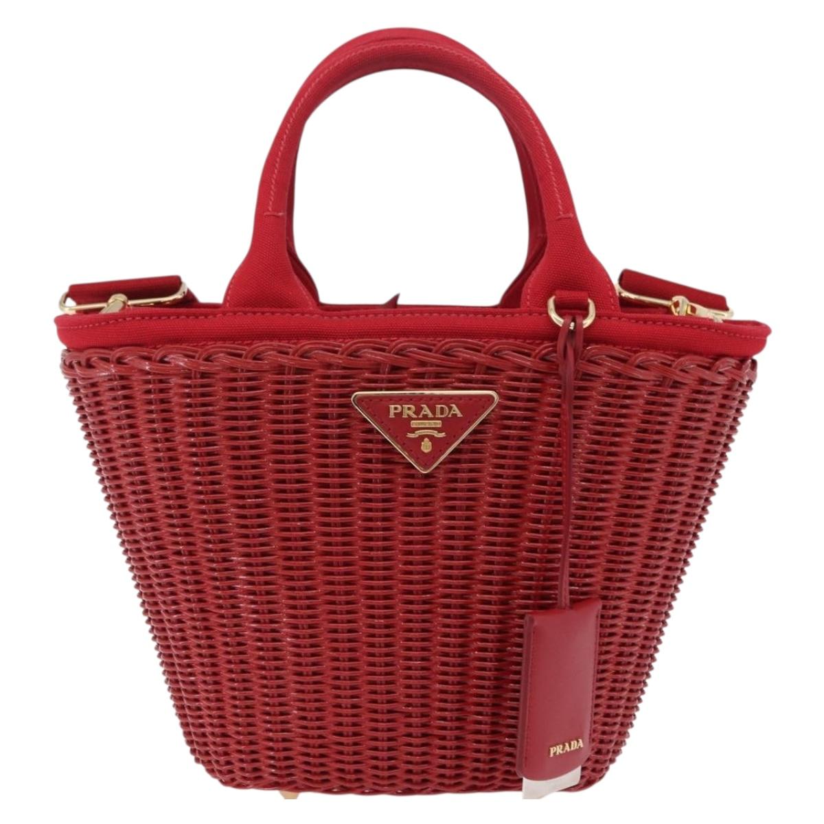 PRADA Wicker Hand Bag Rattan 2way Red Gold Auth LN124SAM
