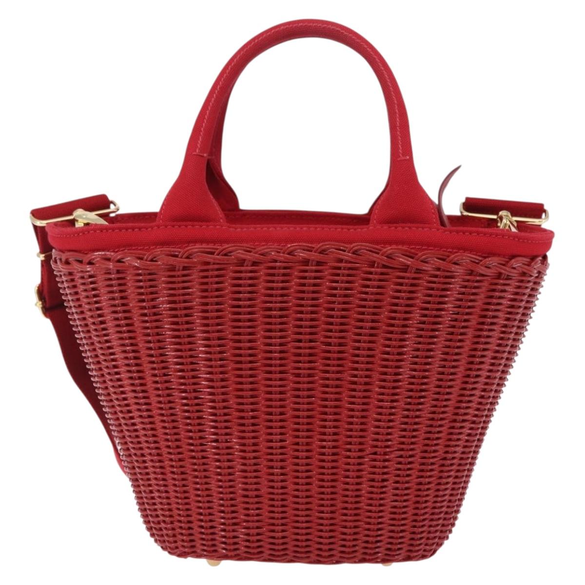PRADA Wicker Hand Bag Rattan 2way Red Gold Auth LN124SAM
