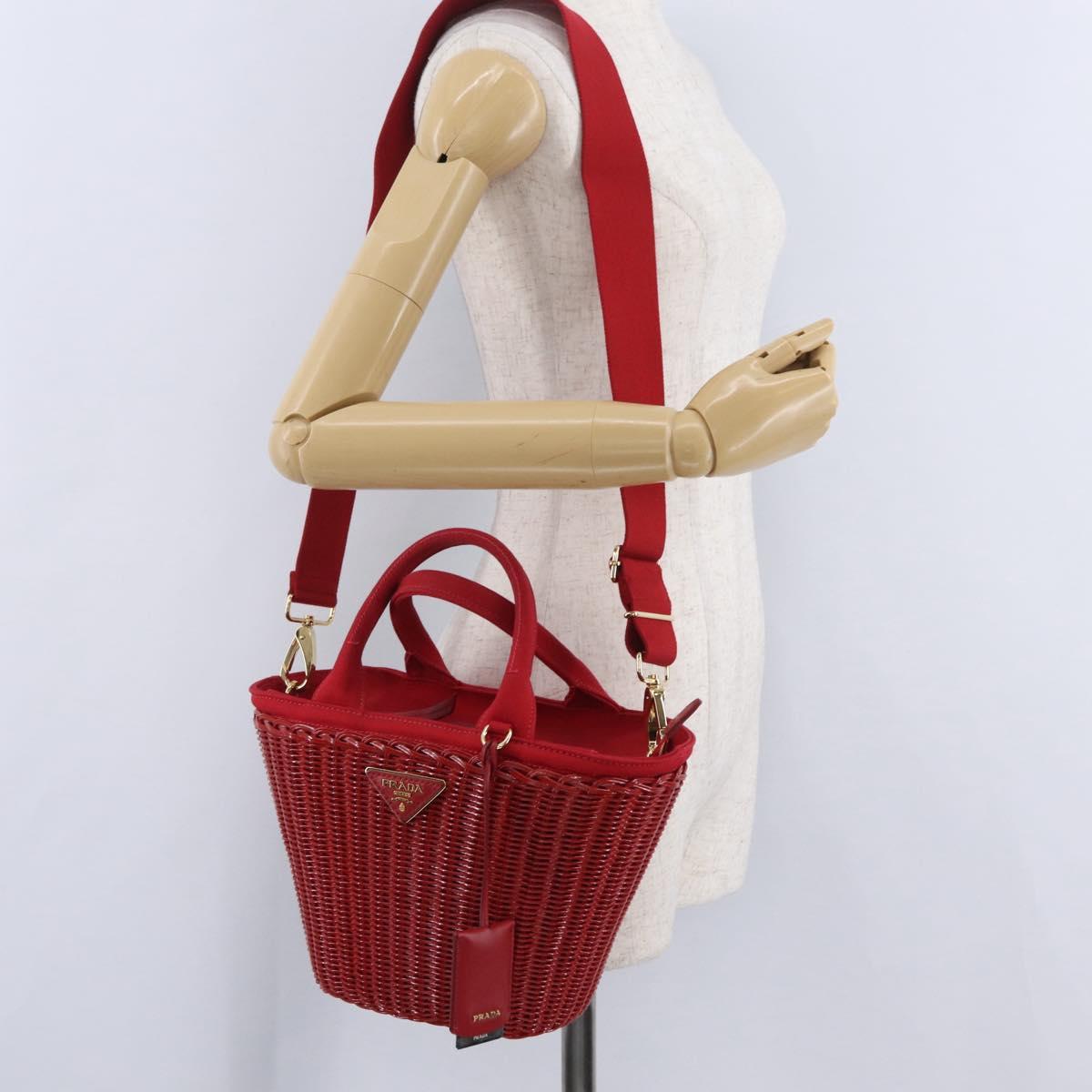 PRADA Wicker Hand Bag Rattan 2way Red Gold Auth LN124SAM