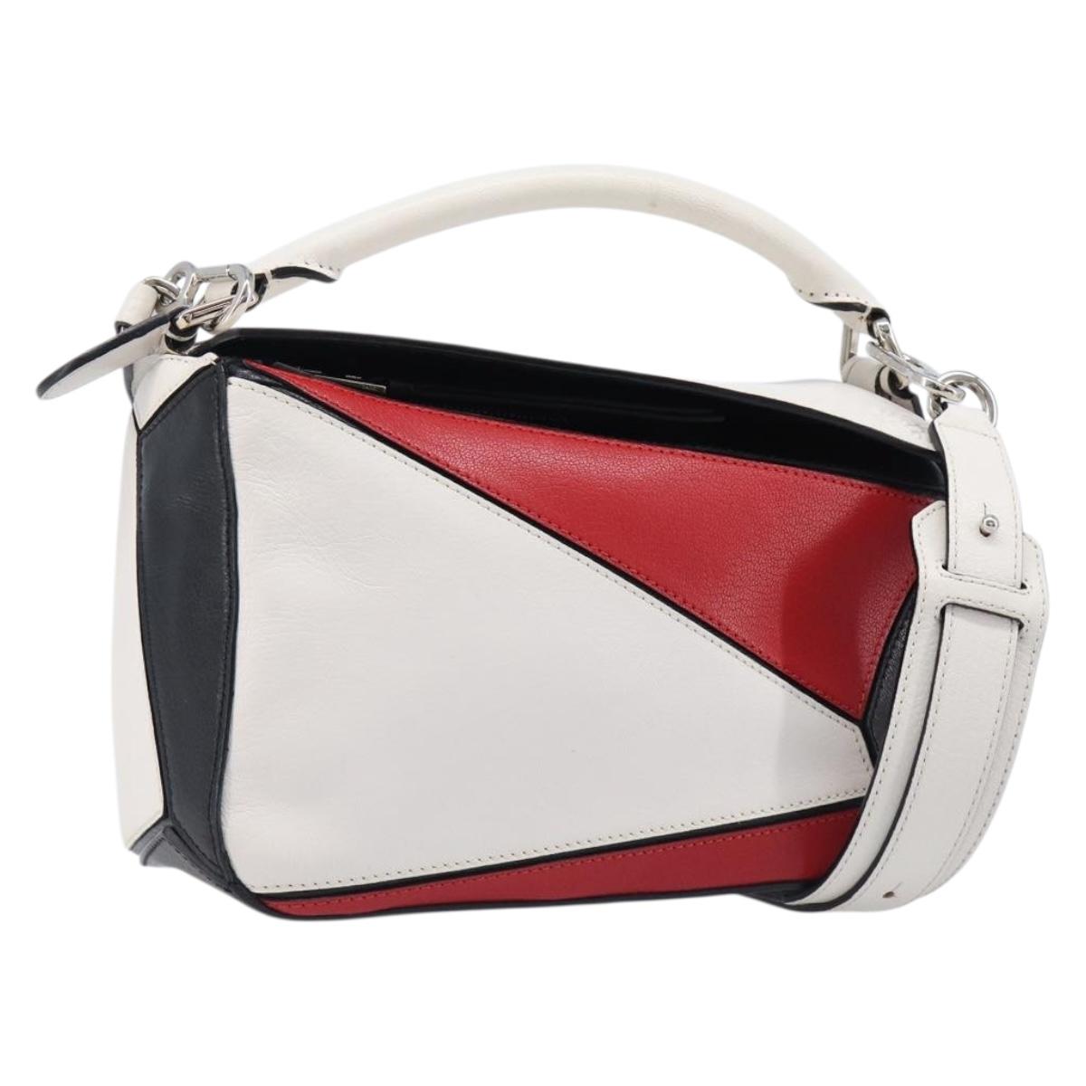 LOEWE Puzzle Bag Medium Hand Bag Leather 2way Red Silver Auth LN127M