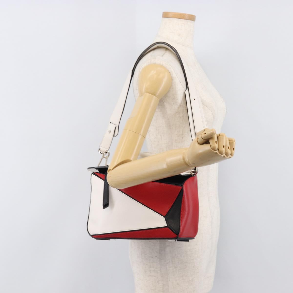 LOEWE Puzzle Bag Medium Hand Bag Leather 2way Red Silver Auth LN127M