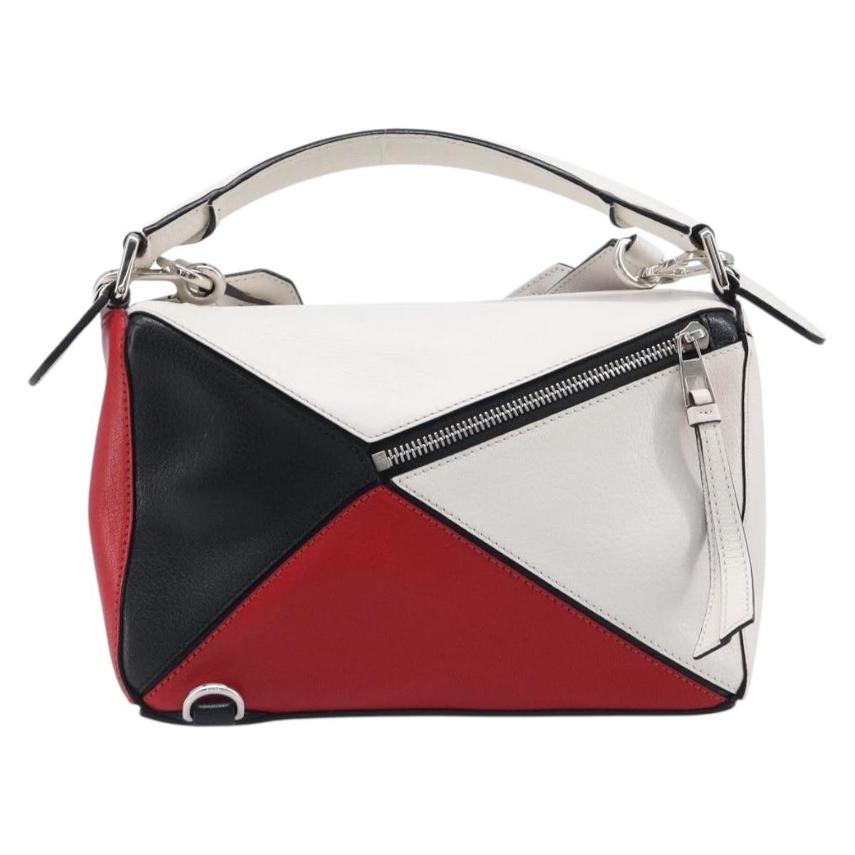 LOEWE Puzzle Bag Medium Hand Bag Leather 2way Red Silver Auth LN127M