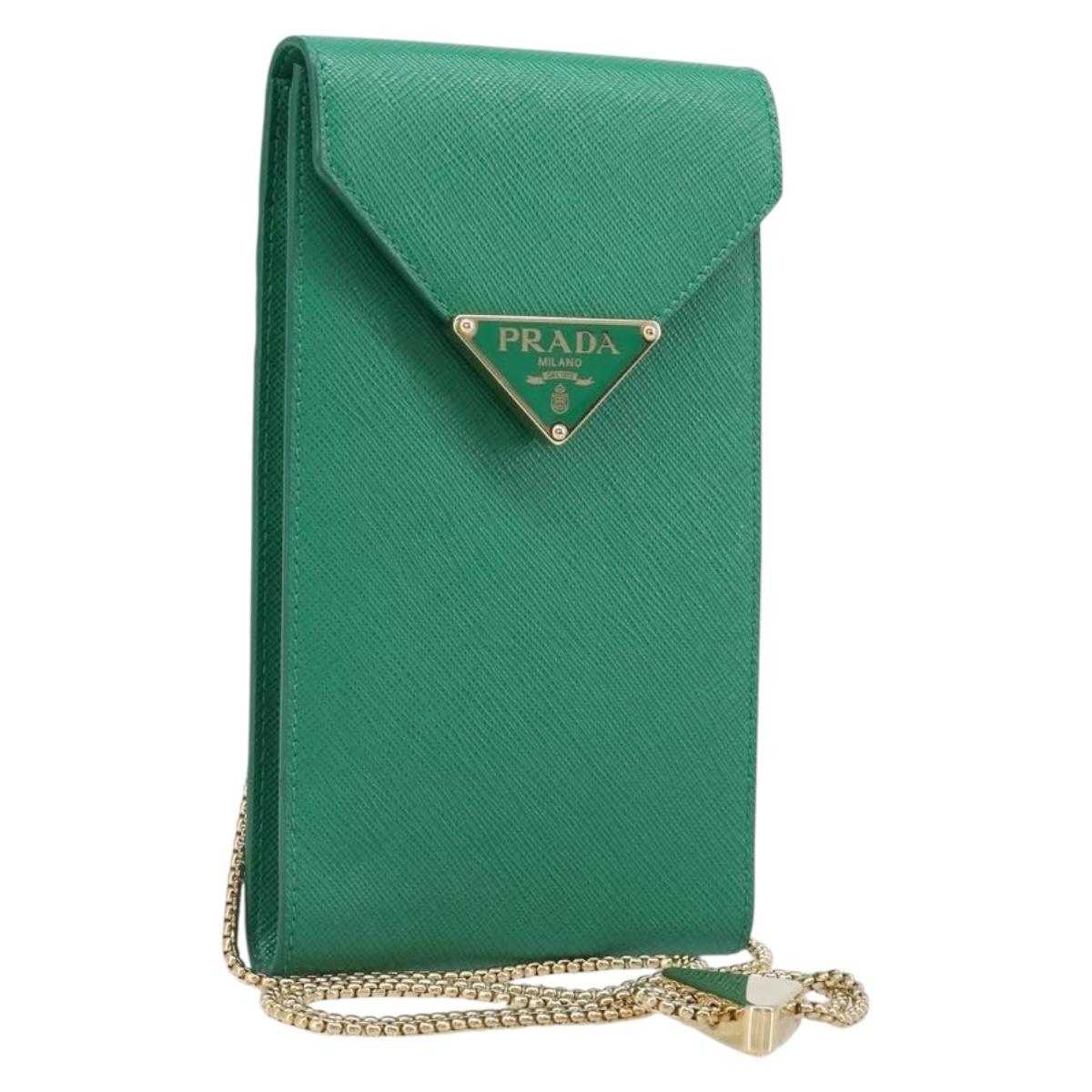 PRADA Chain Shoulder Pouch Safiano Leather Green Gold Auth LN130V