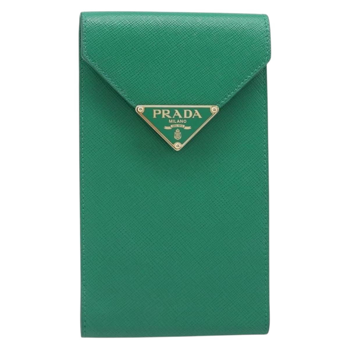 PRADA Chain Shoulder Pouch Safiano Leather Green Gold Auth LN130V