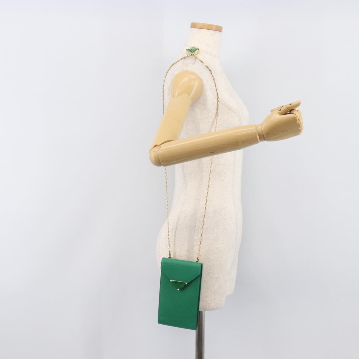 PRADA Chain Shoulder Pouch Safiano Leather Green Gold Auth LN130V