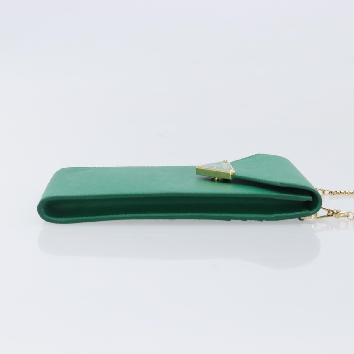 PRADA Chain Shoulder Pouch Safiano Leather Green Gold Auth LN130V