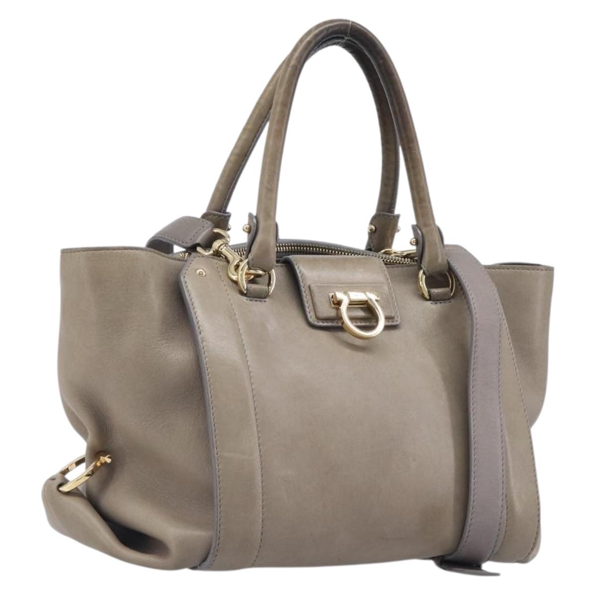 Salvatore Ferragamo Gancini Hand Bag Leather 2way Gray Gold Auth LN143