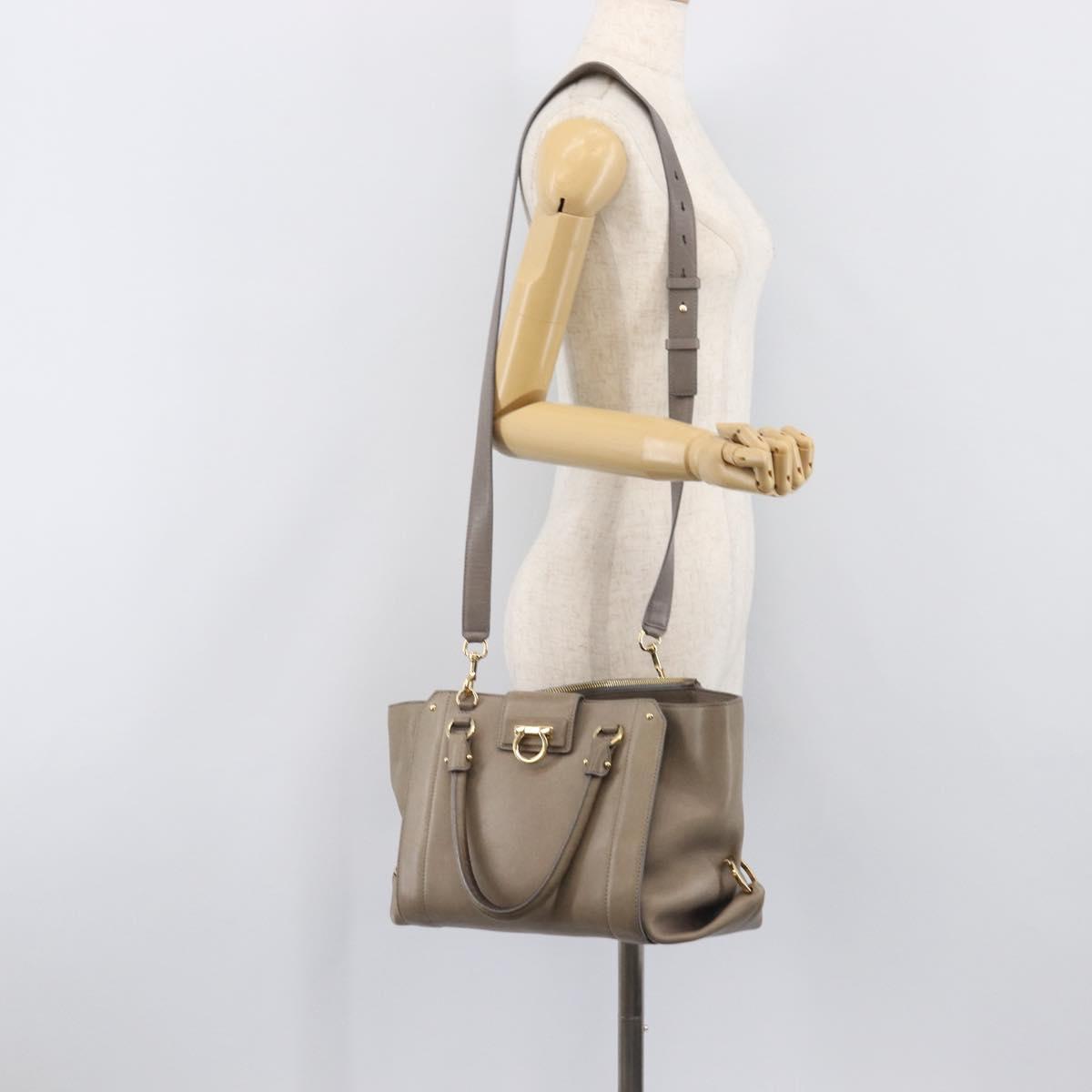 Salvatore Ferragamo Gancini Hand Bag Leather 2way Gray Gold Auth LN143
