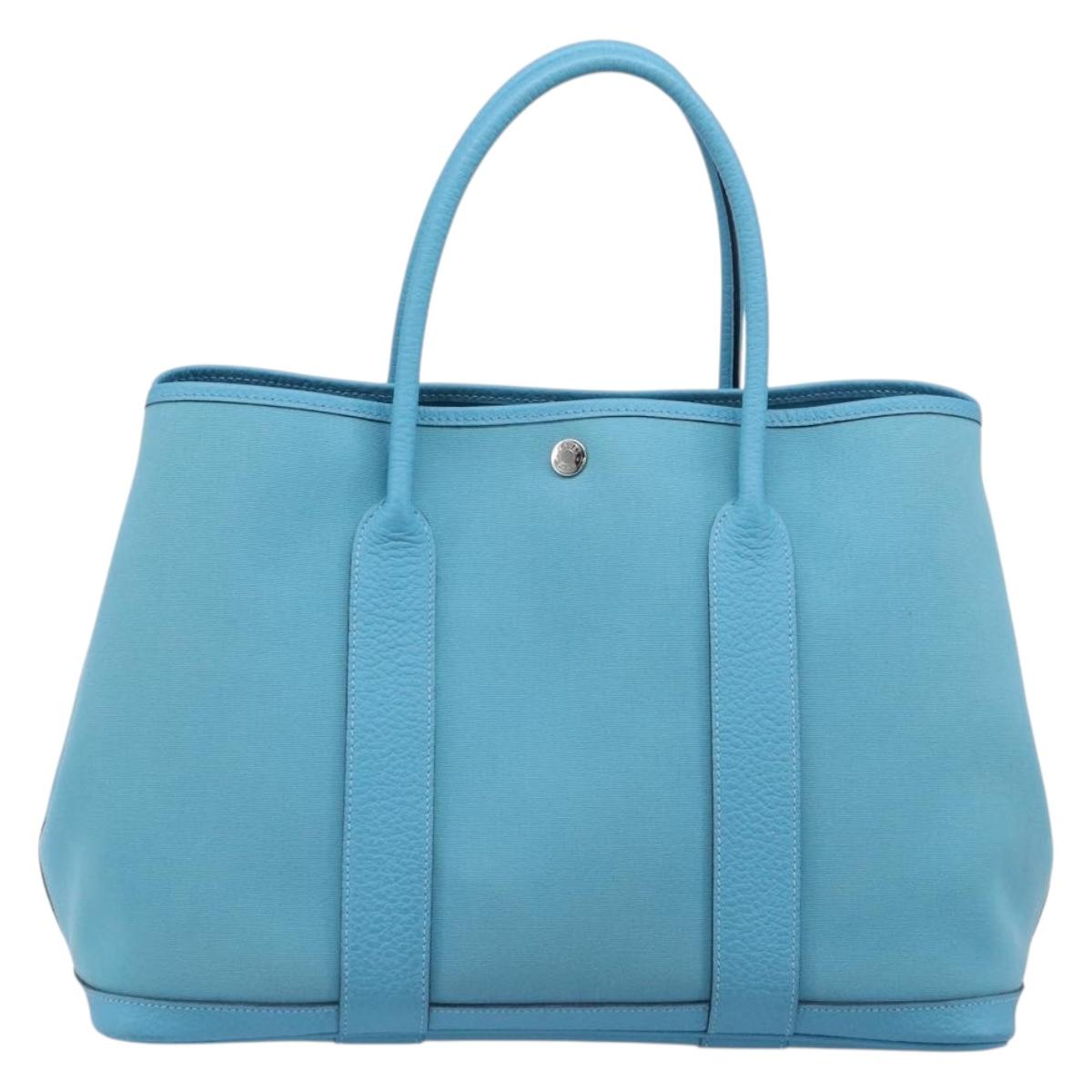 HERMES Garden Party PM Tote Bag Canvas Blue Silver Auth LN144M