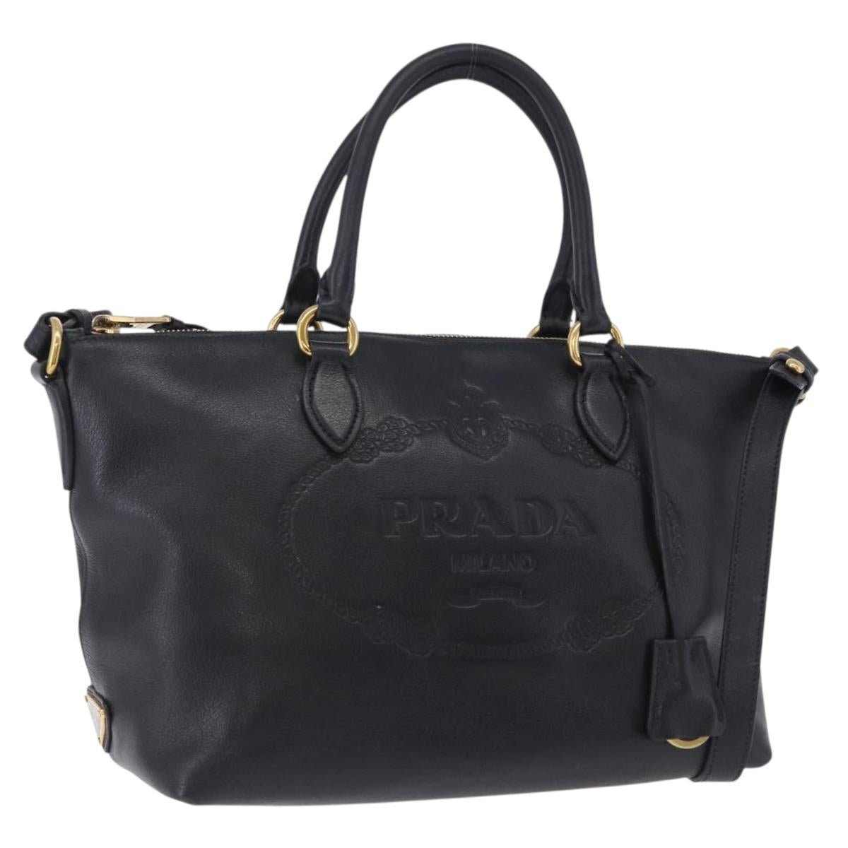 PRADA Hand Bag Leather 2way Black Gold Auth LN148V