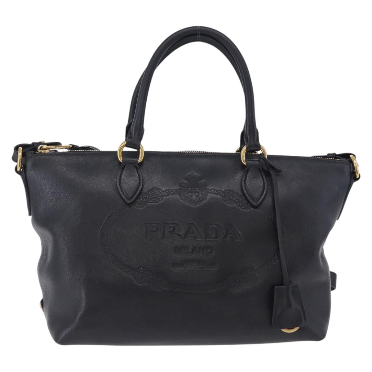 PRADA Hand Bag Leather 2way Black Gold Auth LN148V