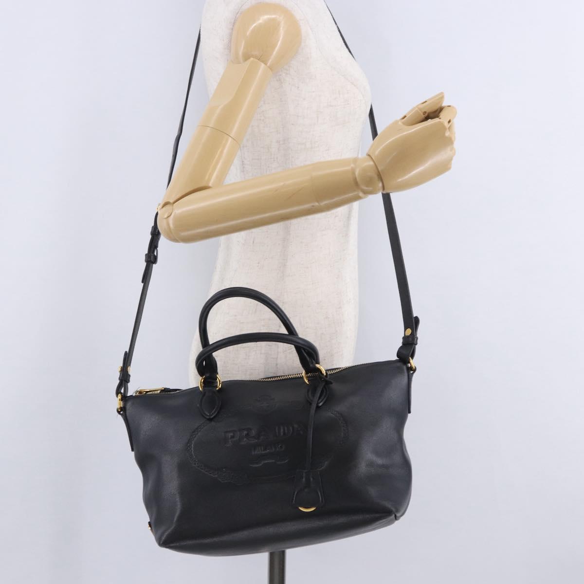 PRADA Hand Bag Leather 2way Black Gold Auth LN148V