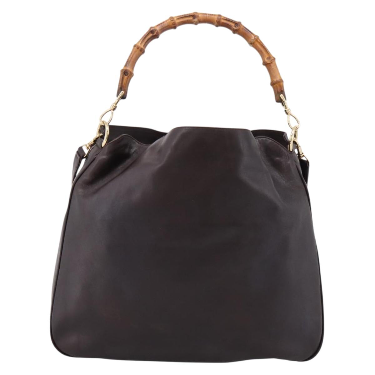 GUCCI Bamboo Shoulder Bag Leather 2way Dark Brown Gold 001 0166 1577 Auth LN160