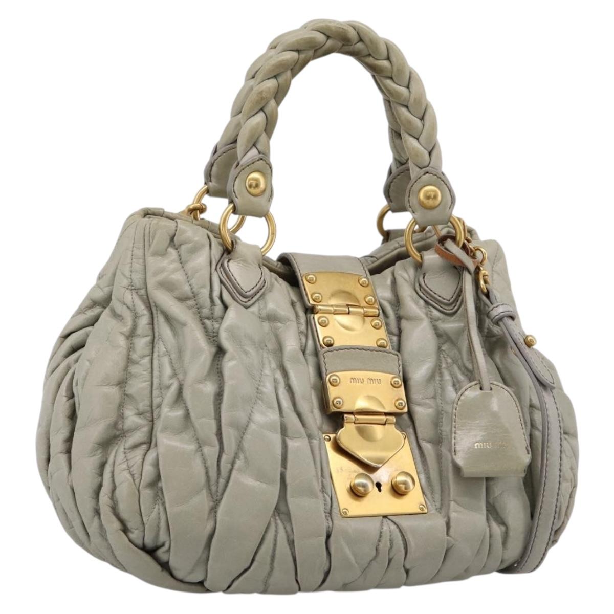 Miu Miu Gathered Hand Bag Leather 2way Gray Gold Auth LN169