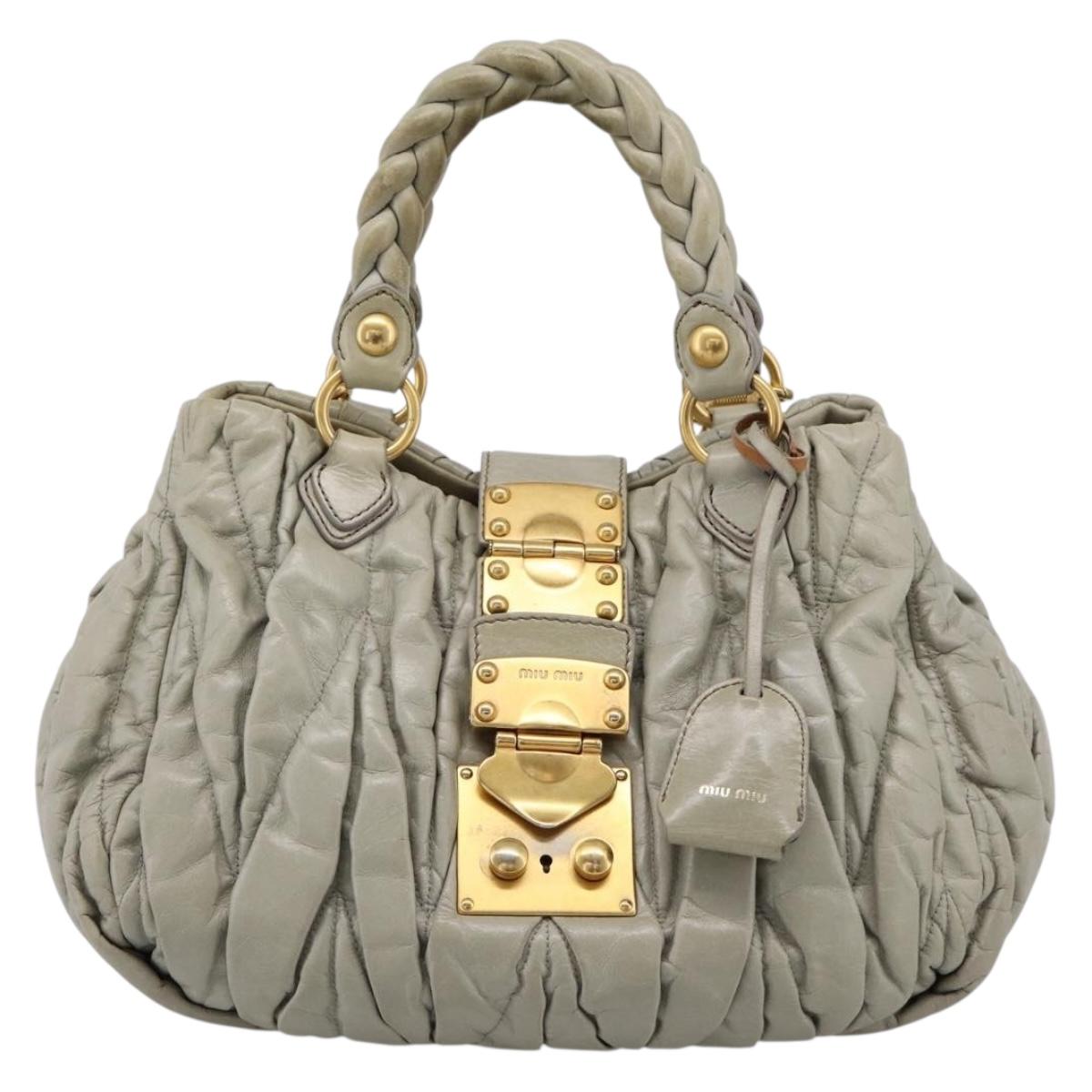 Miu Miu Gathered Hand Bag Leather 2way Gray Gold Auth LN169