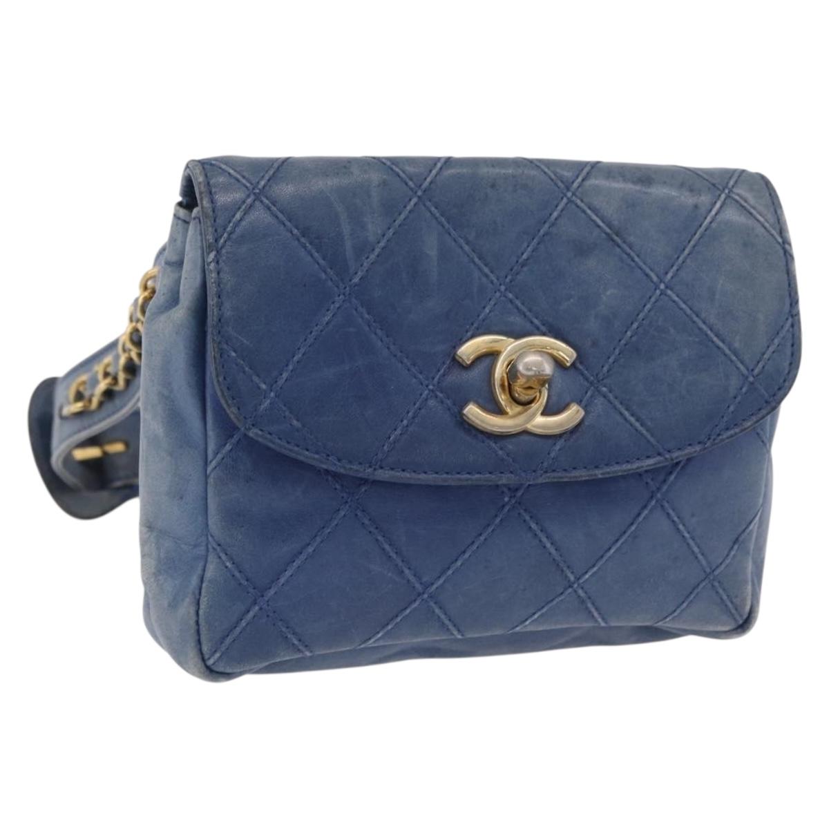 CHANEL Bicolore Waist Bag Leather Blue Gold CC Auth LN173