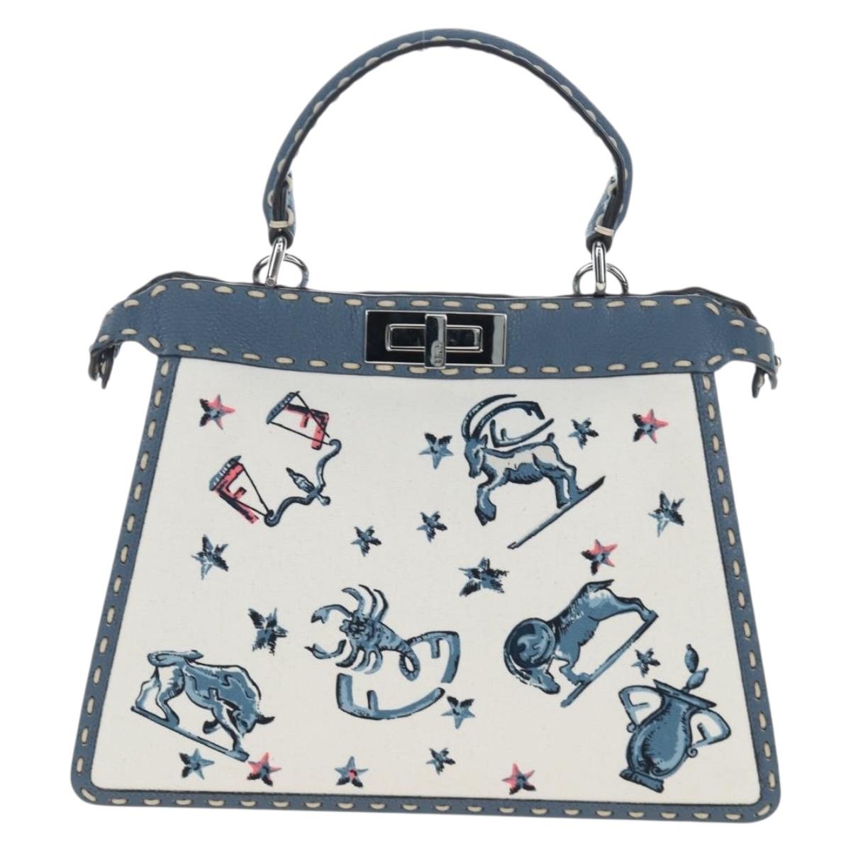FENDI Selleria Peek A Boo I See You Bag Canvas 2way Light Blue Auth LN207SAM