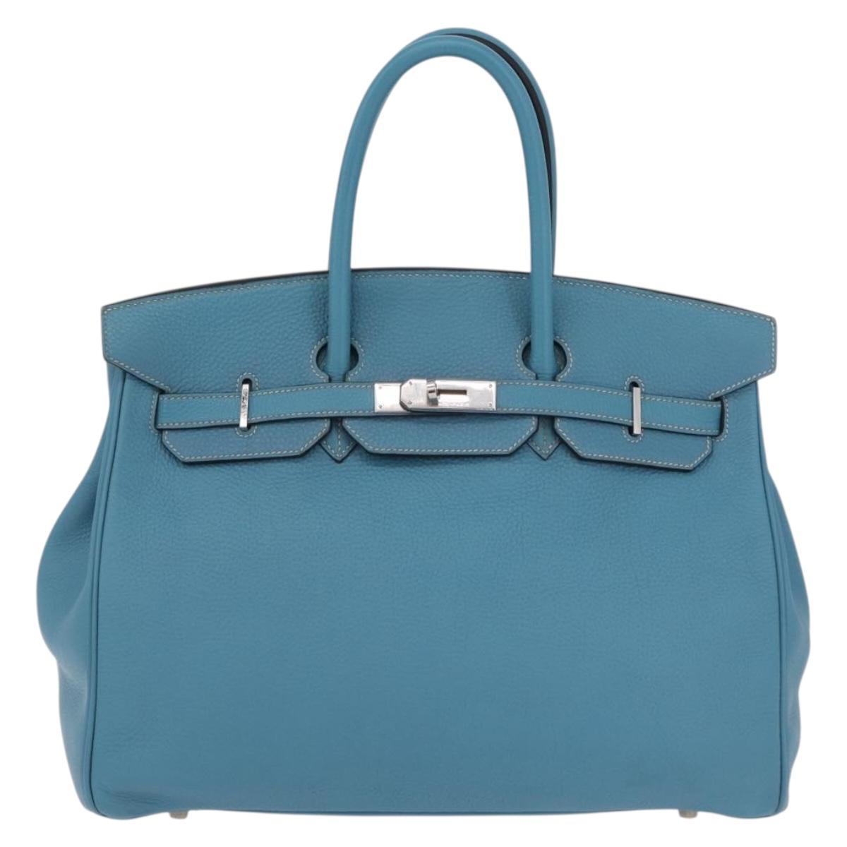 HERMES Birkin 35 Hand Bag Taurillon Leather Turquoise Blue Silver Auth LN221SM