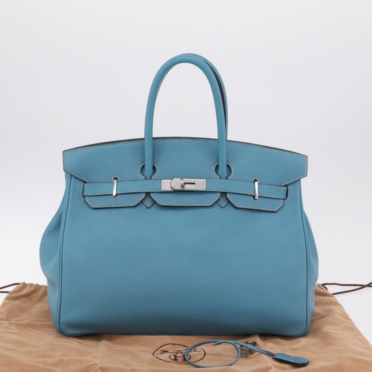 HERMES Birkin 35 Hand Bag Taurillon Leather Turquoise Blue Silver Auth LN221SM
