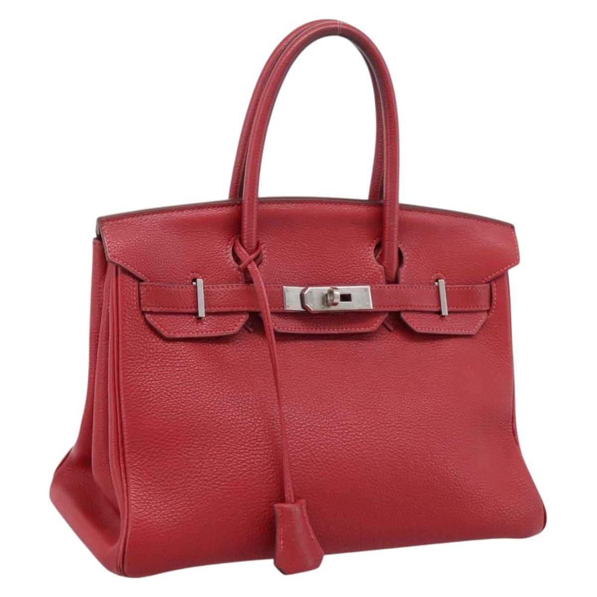 HERMES Star Mark Birkin 30 Hand Bag Taurillon Leather Red Silver Auth LN222SM