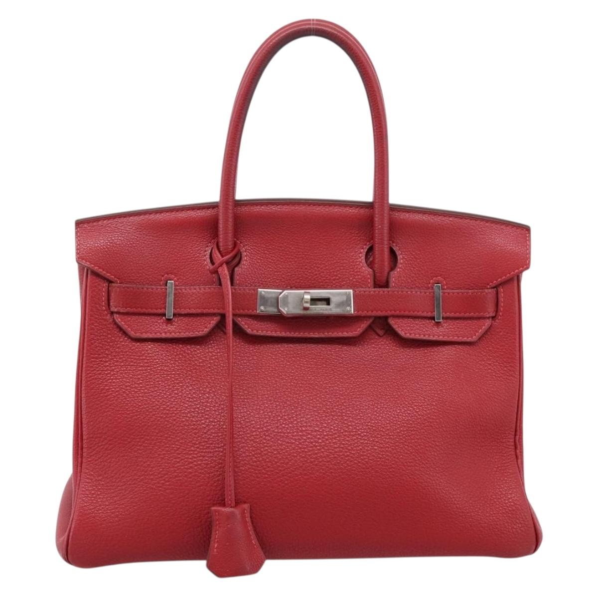 HERMES Star Mark Birkin 30 Hand Bag Taurillon Leather Red Silver Auth LN222SM