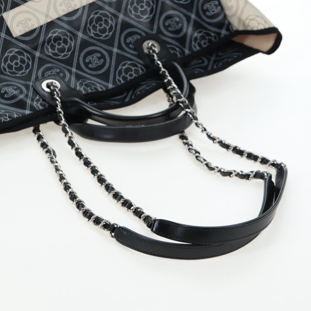 CHANEL Chain Shoulder Tote Bag PVC Canvas 2way Black Silver CC Auth LN223M