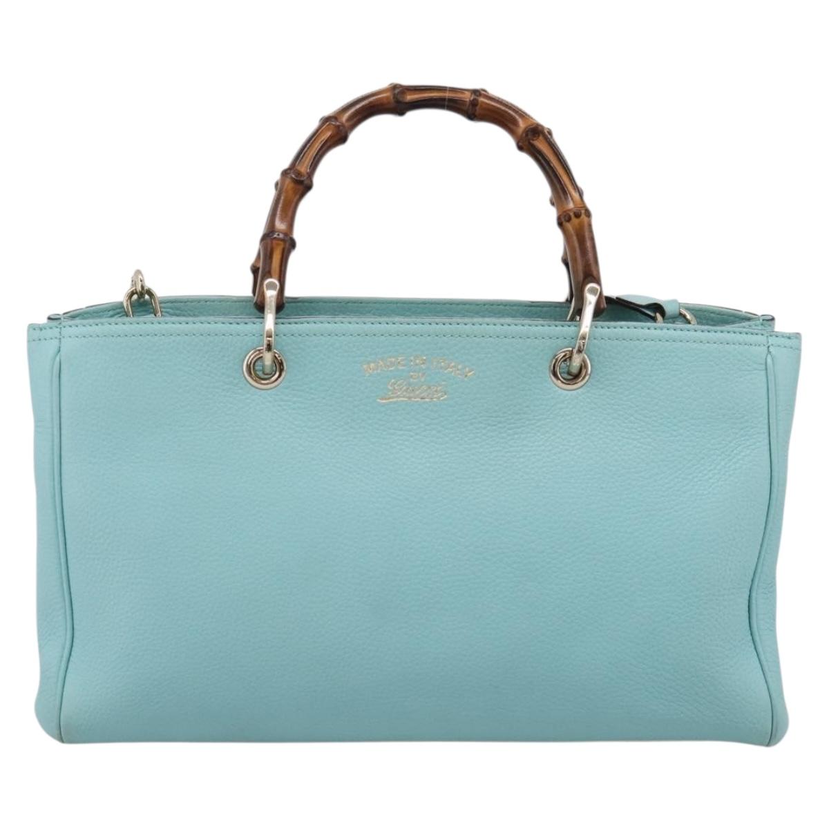 GUCCI Bamboo Hand Bag Leather 2way Light Blue Gold 323660 Auth LN229A