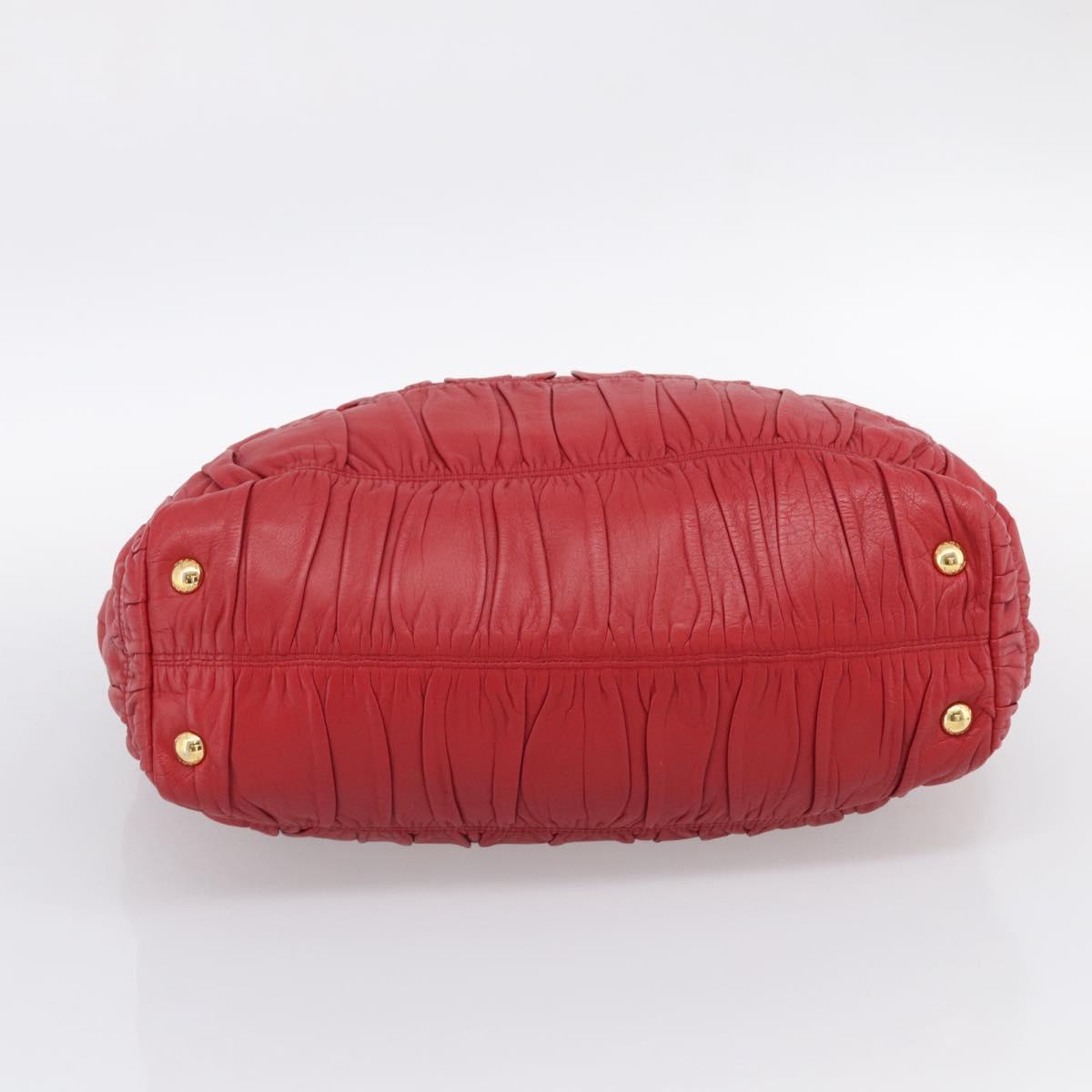 PRADA Gathered Hand Bag Leather Red Gold Auth LN233